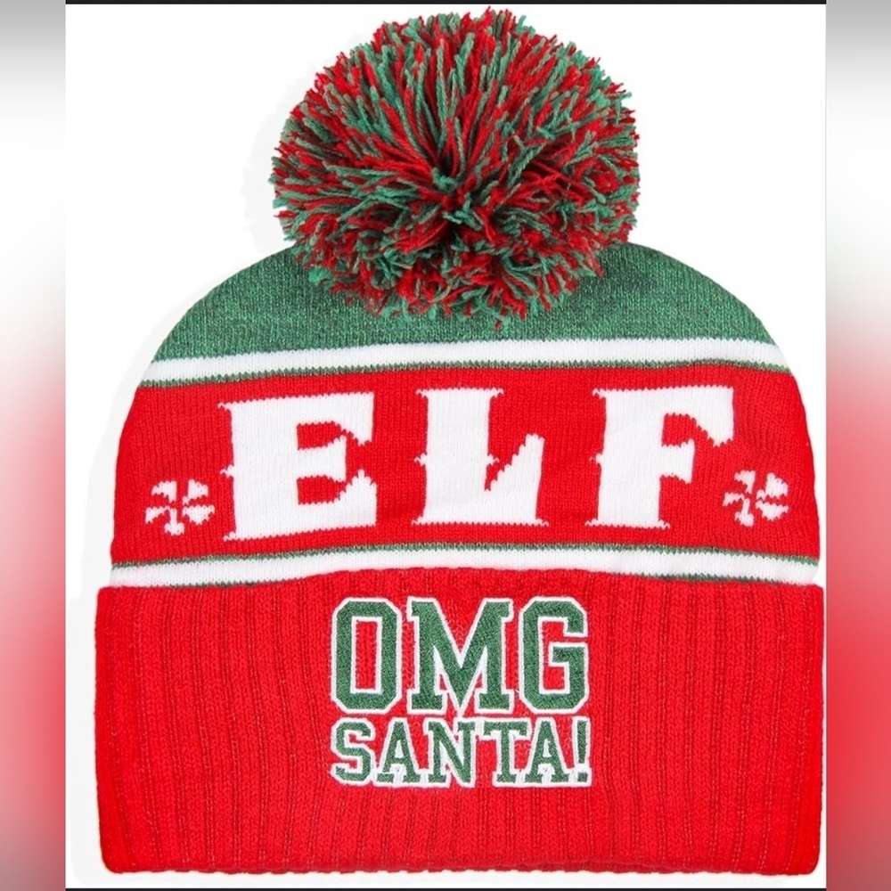 NWT Elf The Movie Embroidered OMG SANTA Red and Green Beanie Hat OSFM Adult Size